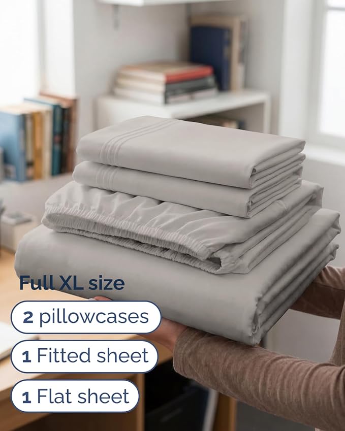 Full XL Bed Sheet - 4 Piece Full XL Bed Sheets Set - Ultra-Soft, Breathable & Cooling - Hotel Luxury Bedding for Women & Men with Deep Pockets - Wrinkle Free & Fade Resistant - Oeko-Tex - Light Grey