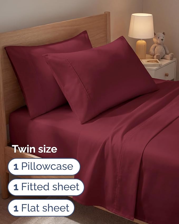 Twin 4 Piece Sheet Set - Comfy, Breathable & Cooling - Hotel Luxury Bedding for Women, Men, Kids, Teens and Children - 1 Flat & 1 Fitted Sheet & 2 Pillowcases w/ Deep Pockets - Wrinkle Free - Burgundy