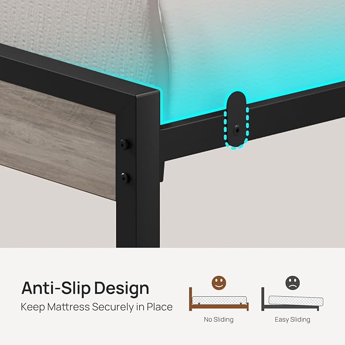 Rolanstar Bed Frame Full Size with USB Charging Station, LED Bed Frame with Wood Storage Headboard, Light Grey Metal Platform Bed with Under Bed Storage, No Box Spring Needed, Noise Free