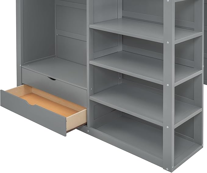 Multi-Functional Full Size Loft Bed with Built-in Desk and Wardrobes, Solid Wood Loft Bed Frame with 4 Drawers and 4 Shelves for Kids Teens Boys Adults, Maximize Space (Gray-F)