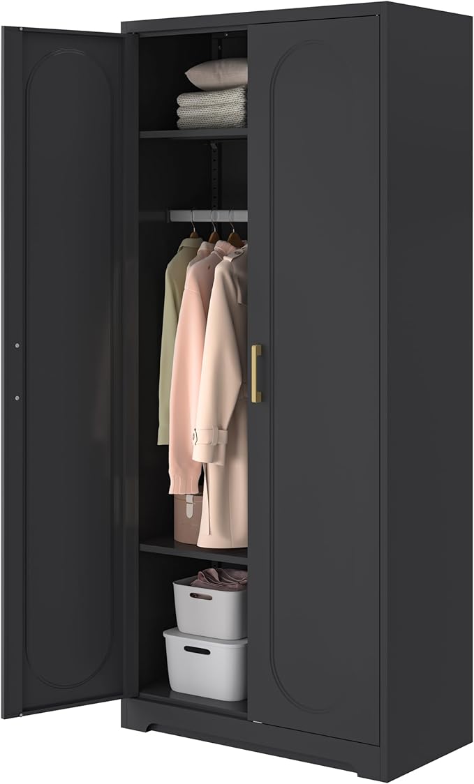Metal Wardrobe Cabinets，Armoire Wardrobe Closet with Hanging Rod,Clothes Storage Cabinet with Adjustable Shelves and Doors, Clothing Cabinet for Bedroom, Office, Laundry Room