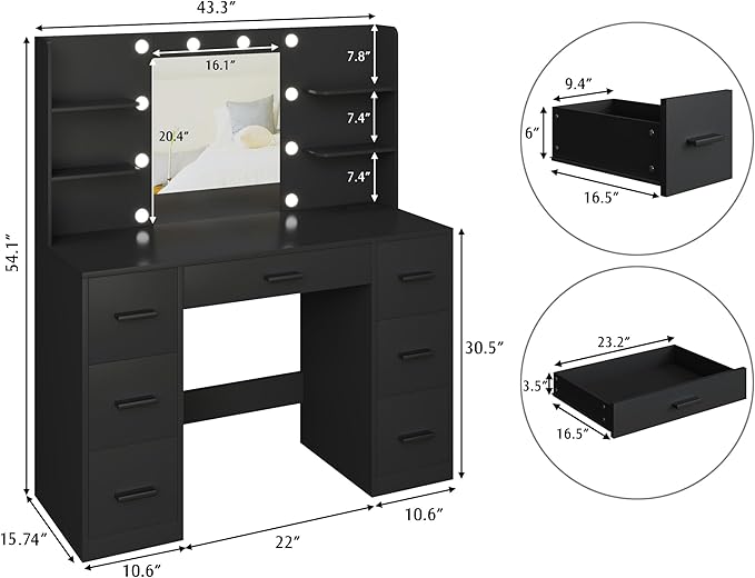 YESHOMY Vanity Desk with Mirror, Power Outlet and 10 Lights, Makeup Table with 7 Drawers, 3 Color Modes Available for Bedroom, Black