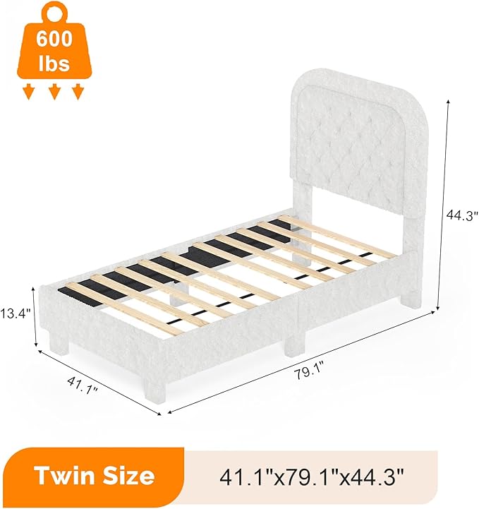 VINGLI Twin Bed Frame with Headboard,Cloud Bed Frame with Rounded Corners, Cream Design,Boucle Upholstered Platform Soft Bed with Sturdy Wood Slats Support,for Kids Teens Adults, White
