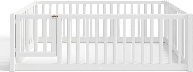 Bellemave Twin Size Montessori Floor Bed with 23.5" High Rails, Pine,Plywood Twin Floor Bed with Small Door, White
