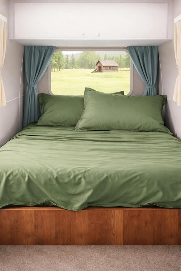 Rajlinen Short Queen RV Camper Sheet Set (60x75) – 100% Egyptian Cotton, Soft & Cooling, 16" Deep Pocket Fitted Sheet, Luxury Hotel Quality Bedding for RVs, Campers & Motorhomes (Moss Green)