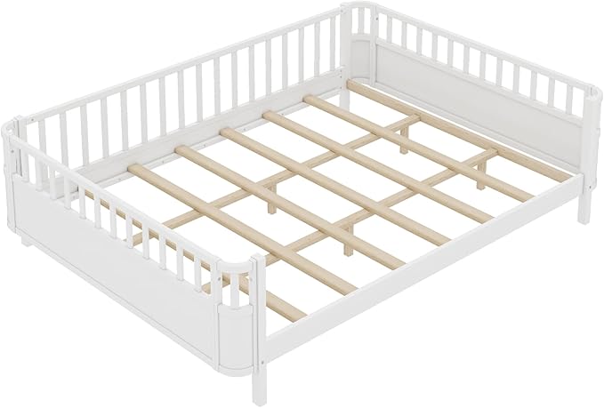 Bellemave Queen Size Montessori Bed with Fence & Slats, Platform Bed Frame with Detachable Side Rails, Rounded Corners, Safe & Easy Assembly,White Montessori Bed Queen Size