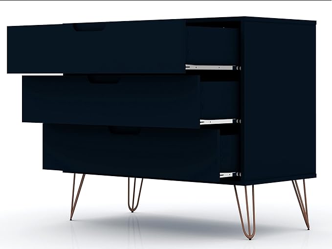 Manhattan Comfort Rockefeller 3-Drawer Dresser Set of 2, Entryway Wood Storage Cabinet, 32 Inch TV Stand Console Table, Anti Tip Kit Included for Bedroom, Nursery, Dorm, Living Room in Midnight Blue