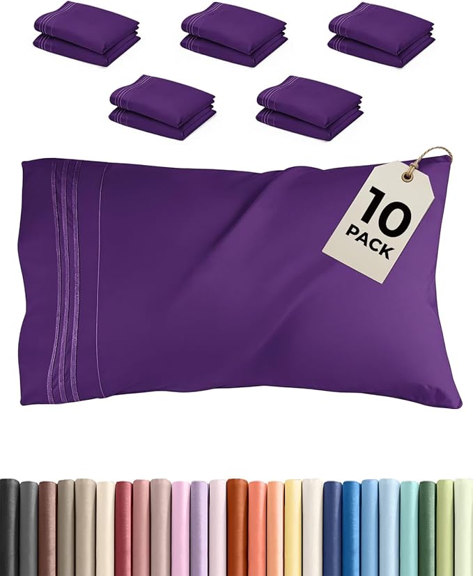 Queen Pillow Cases Set of 10 - Ultra Soft Hotel Quality Pillowcase Covers - Comfy & Wrinkle Free - Shrink, Stain & Fade Resistant - Easy-Care, Machine Washable Pillow Protectors - 10 Pcs Set - Purple