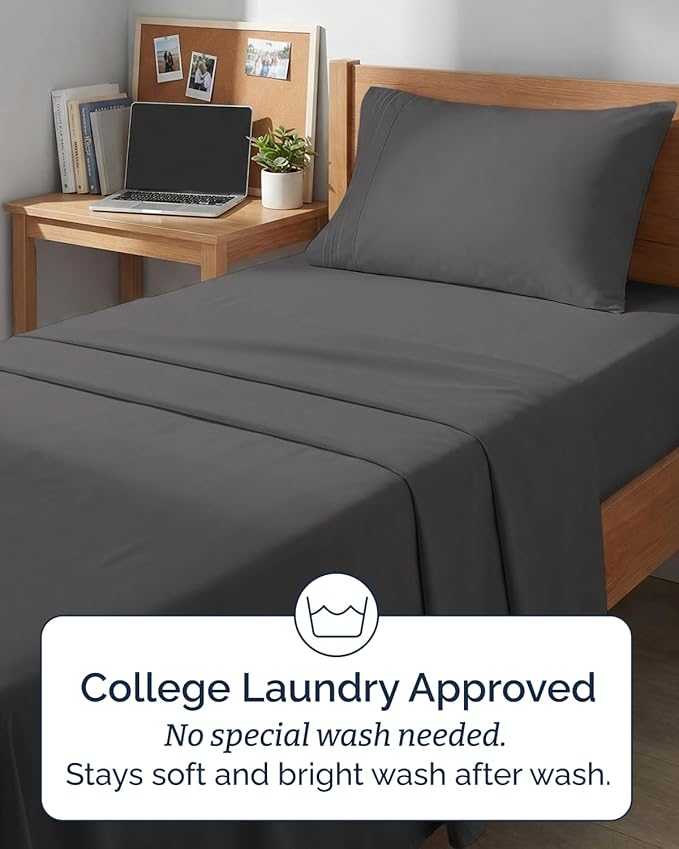 Twin XL 4 Piece Sheet Set - Comfy Breathable & Cooling - Hotel Luxury Bedding for Women, Men, Kids, Teens & Children - 1 Flat & 1 Fitted Sheet & 2 Pillowcases w/ Deep Pockets, Wrinkle Free - Dark Grey
