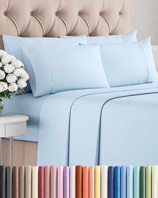 Cal King 6 Piece Sheet Set - Comfy, Breathable & Cooling - Soft Hotel Luxury Bedding for Women, Men, Kids, Teens and Children - 1 Flat & 1 Fitted Sheet & 4 Pillowcases with Deep Pockets - Baby Blue