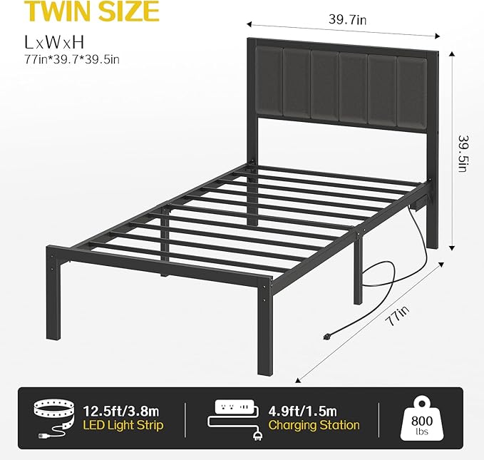 OLEVS Twin Bed Frame with Headboard Metal Platform Bed Twin Size with USB Charging Station and LED Lights, No Box Spring Needed
