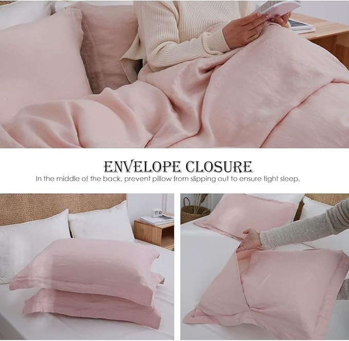 Simple&Opulence 100% Linen Duvet Cover Set 3pcs Basic Style Natural French Washed Flax Solid Color Soft Breathable Farmhouse Bedding with Button Closure - Blush Pink, King