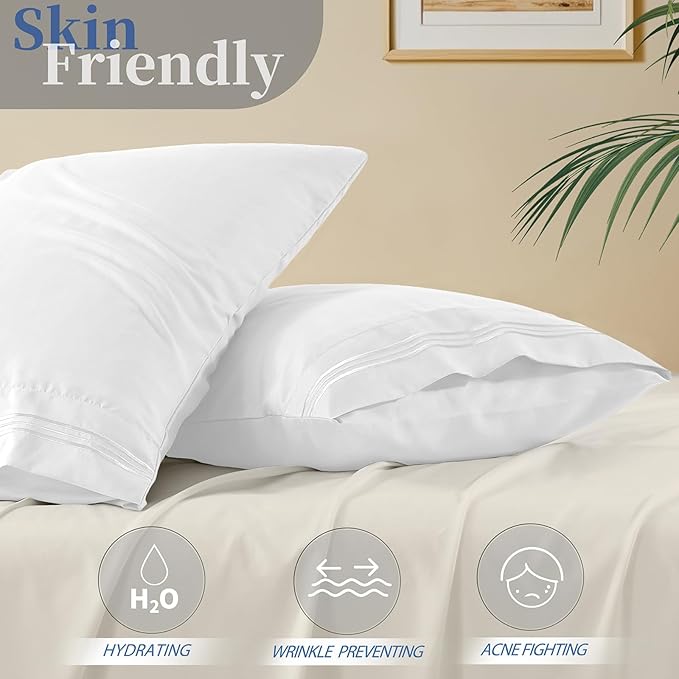 Vonty 2 Pack King Pillow Cases - 20x40 Inch, 1800 Thread Count Microfiber Pillowcases King Size White Pillow Cases Luxury & Soft Embroidered Bed Pillow Covers with Envelope Closure