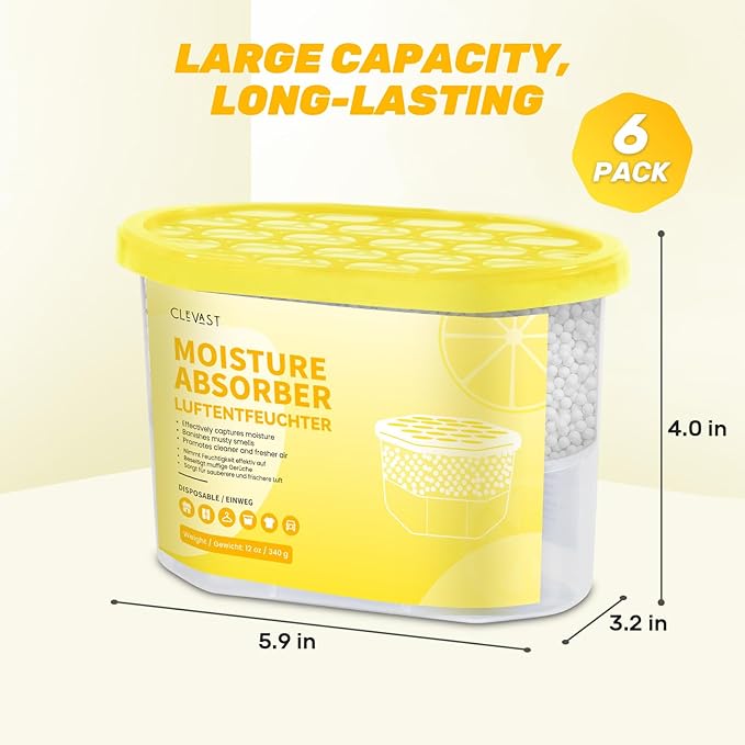 CLEVAST Moisture Absorber Boxes 6 Pack, 12 Oz Dehumidifier for Closet & Bathroom, Humidity Absorber for Wardrobe, Bedroom, RV & Car, Moisture Control, Lemon Scented