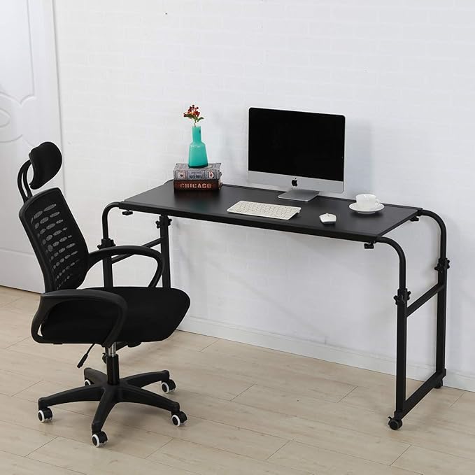 TigerDad Overbed Table with Wheels, Rolling Desk for King Queen Full Bed Heavy Duty, 55"-83" Adjustable Length & Height Hospital Nursing Table, Mobile Cross Bed Laptop Stand for Home Work, Black