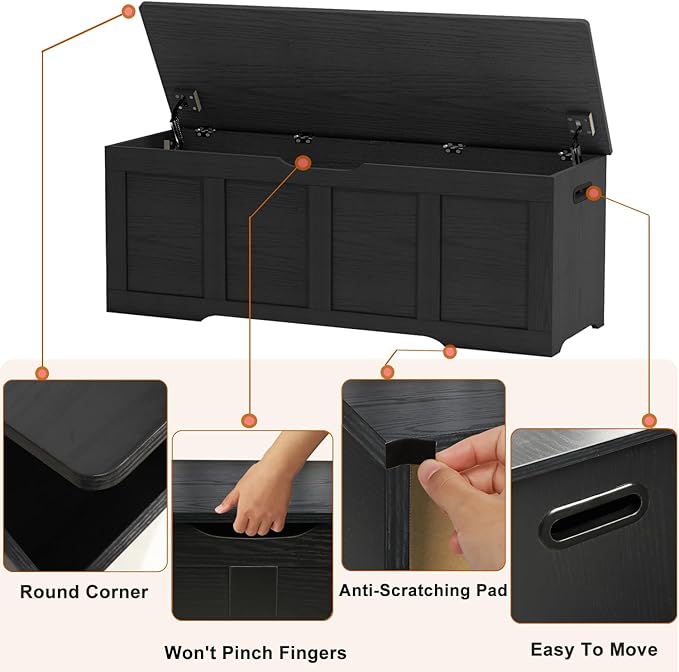 Timberer 47.2" Storage Chest, Extra Large Storage Trunk with 2 Safety Hinges, Wooden Storage Bench, Shoe Bench, Entryway Bench for Living Room, Bedroom, Black