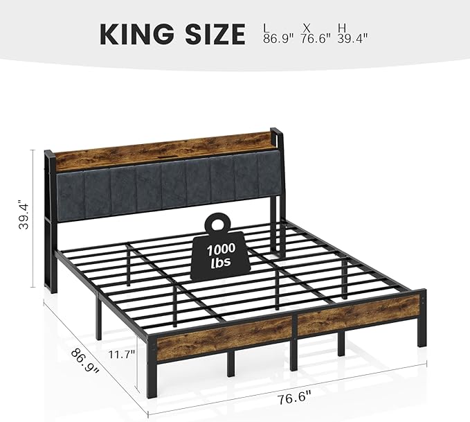 King Size Bed Frame with Charging Station, Storage Headboard with Smart LED Lights, Metal Platform Bed Frame with USB Ports, Noise Free, No Box Spring Needed, Easy Assembly