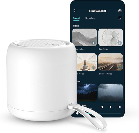 White Noise Sound Machine & Alarm Clock: Color Noises and Custom Soundscapes, App Control, Sleep Schedule, Multiple Alarms, 100 Volume Levels, Built-in Battery