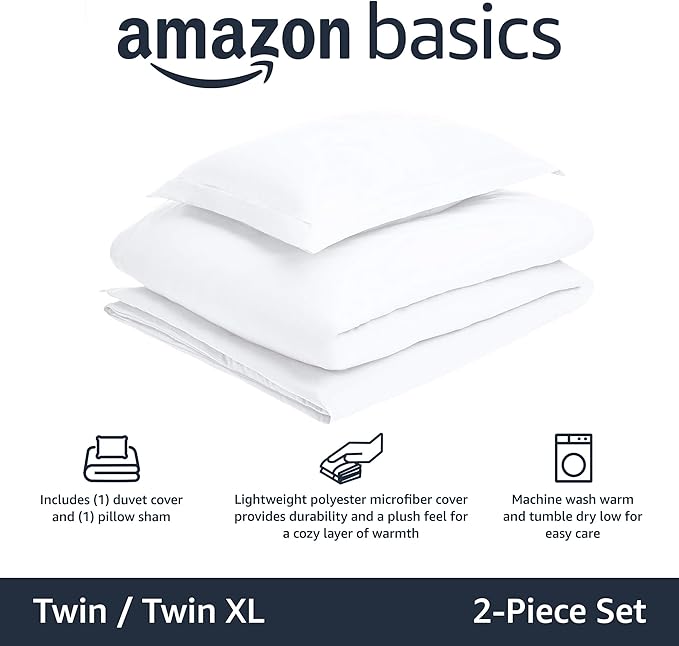 Amazon Basics Lightweight 2-Piece Microfiber Duvet Cover Set with Zipper Closure, Twin/Twin XL, Bright White