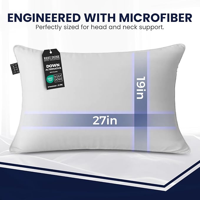 Bed Pillows for Sleeping, Set of 2 – Cooling, Hotel Quality with Soft Down Alternative Fill for Back, Stomach & Side Sleepers | White Microfiber Queen