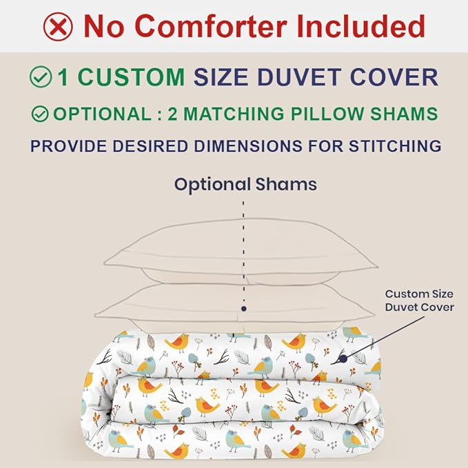 Kotton Culture Custom Duvet Cover -100% Egyptian Cotton 600 Thread Count Soft Breathable Durable Customizable Comforter Cover(Desired Dimensions)- Zipper Closure & 7 Internal Ties-Forest Birds
