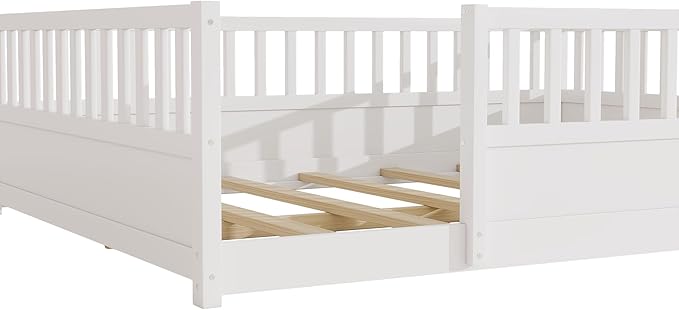 Bellemave Queen Floor Bed with high Fence, Solid Pine Wood Montessori Bed for Kids Girls Boys Floor Bed Frame, White with slats