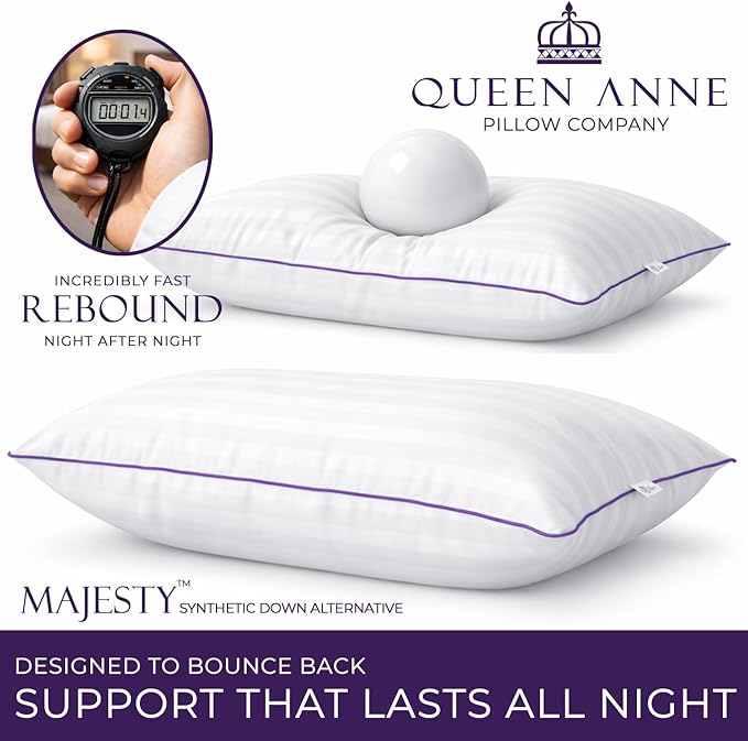 Queen Anne Hotel Pillows Standard Size Bed Pillow for Sleeping – Adjustable Luxury Down Alternative for Side & Back Sleepers, Soft Support, Cooling, Hypoallergenic, Made in USA