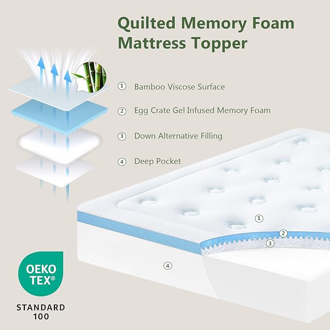 Hansleep Memory Foam Mattress Pad Topper King, King Size Mattress Topper Viscose Derived from Bamboo, King Foam Bed Mattress Pad Cover for Back Pain Relief, 78" x 80", White