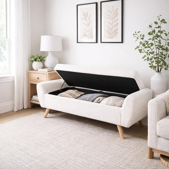 HomePop Modern Storage Bench with Wood Legs |Homepop Home Décor|Bench with Storage for Living Room & Bedroom - Sherpa Cream