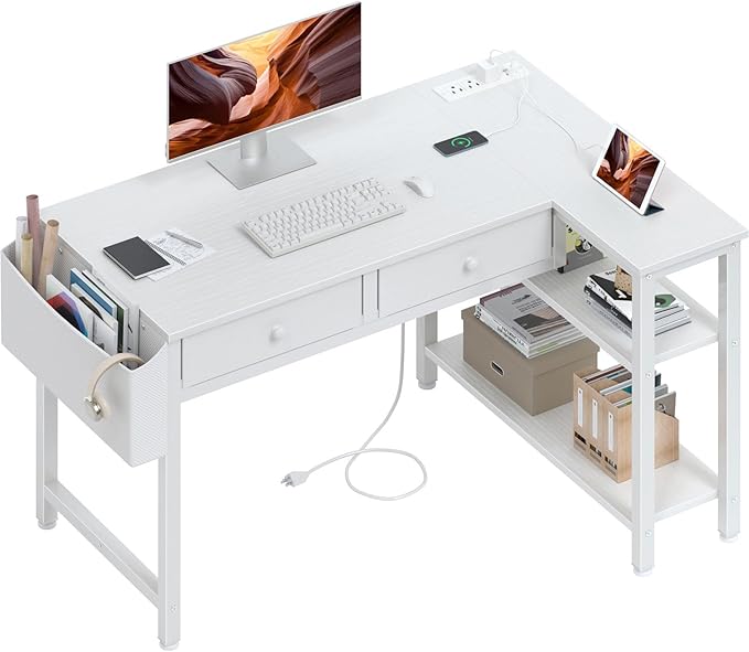 DLisiting Small White L Shaped Desk with Drawers & Storage Shelves, 40 Inch Corner Desk with Power Outlet for Small Space Home Office, Study Work PC Desks for Bedroom
