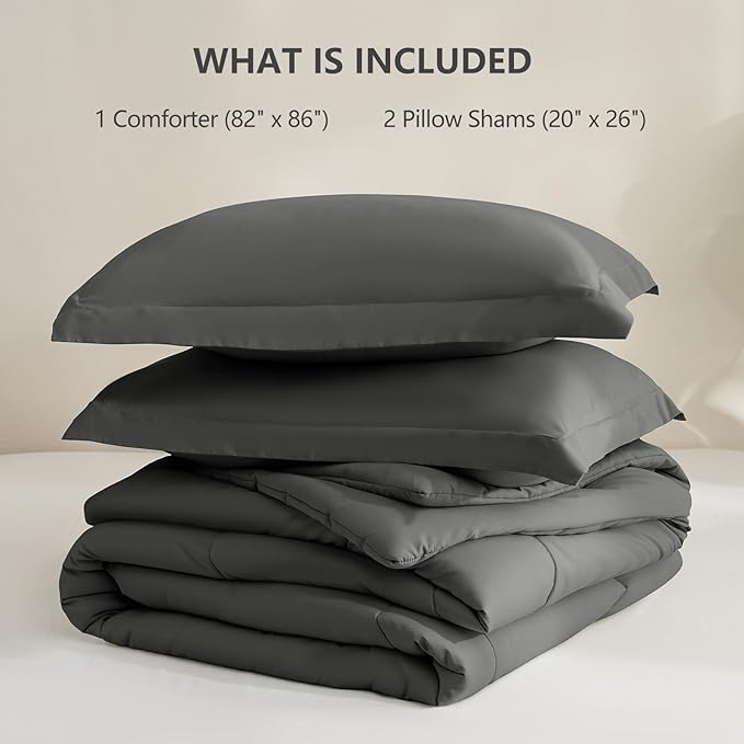 CozyLux Full Size Comforter Sets - 270GSM Dark Grey Bedding Sets for All Seasons, 3 Pieces Box Stitched Bed Set with 1 Down Alternative Comforter and 2 Pillow Shams, Soft, Lightweight, Breathable