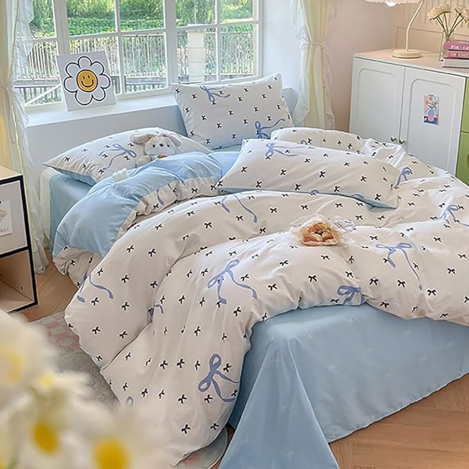 Nayoroom Blue Bow Duvet Cover Queen Size Reversible Blue Duvet Cover 3 Pieces Soft Lightweight Microfiber Kids Girls Cute Aesthetic Dorm Bedding Set