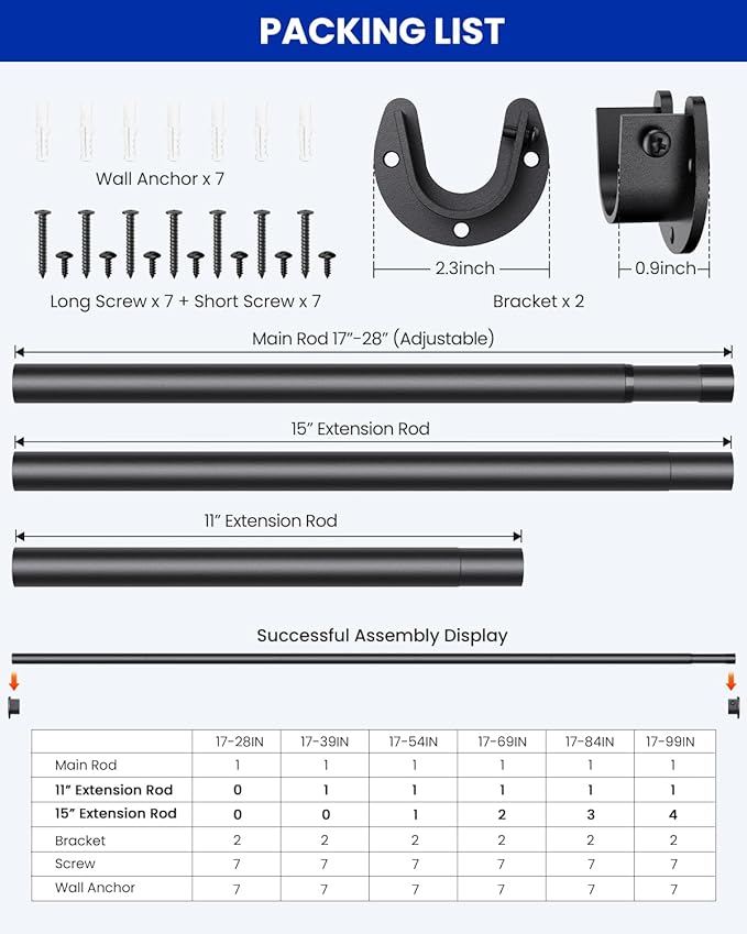 Supforce 2 PACK Closet Rods for Hanging Clothes, 17 to 54 Inches Stepless Adjustable Metal Closet Rod, 1.3 Inches Heavy Duty Clothes Hanging Rod for Closet Wardrobes Laundry RV, Black