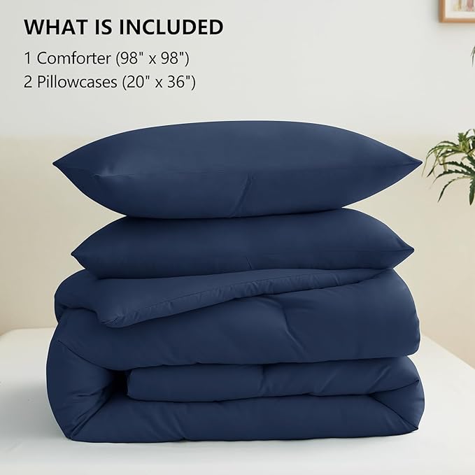CozyLux Oversized Queen Comforter Set Navy Blue, 3 Pieces 98x98 Solid Breathable Quilted Bedding Sets for All Season, Luxury Soft Lightweight Bed Set with Down Alternative Comforter and 2 Pillowcases