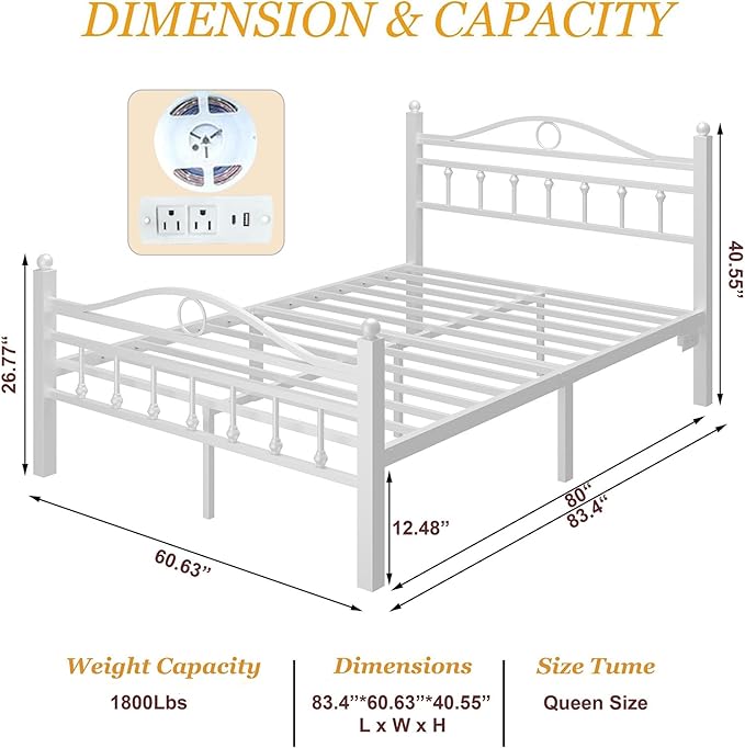 Jenmit Queen Size Bed Frames with Headboard, LED Bed Frame with Charging Station, Metal Platform, Under-Bed Storage, No Box Spring Needed, Noise Free, Easy Assembly, White