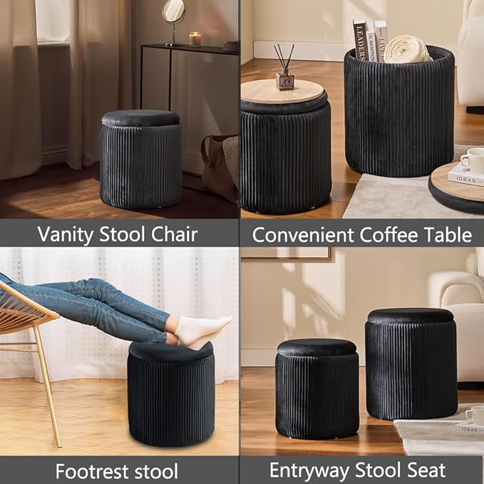 BLEXA Round Set of 2 Ottoman with Storage - Upholstered Velvet Vanity Stool for Makeup Multifunctional Ottomans Coffee Table Padded Seat Foot Rest for Living Room & Bedroom (Black)