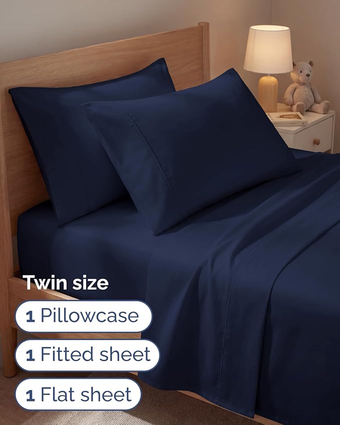 Twin 4 Piece Sheet Set - Comfy, Breathable & Cooling - Hotel Luxury Bedding for Women, Men, Kids, Teens & Children - 1 Flat & 1 Fitted Sheet & 2 Pillowcases w/ Deep Pockets - Wrinkle Free - Navy Blue