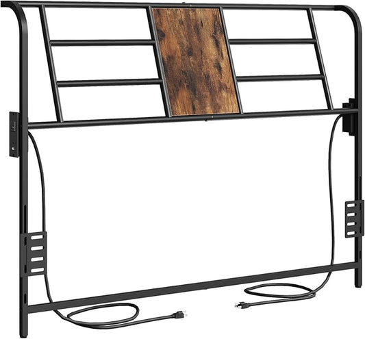 MAHANCRIS Queen Size Headboard Only, Metal Headboard with 2 Power Strips, Reclining Backrest, with Bed Frame Adapters, Easy Assembly, Rustic Brown and Black