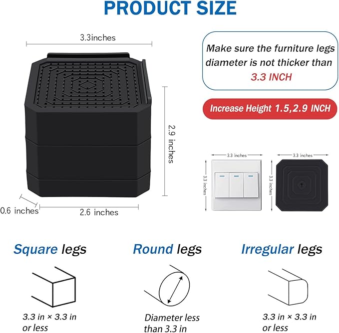 ANNKUT Bed Risers and Furniture Risers, Heavy Duty Adjustable Lifting Blocks for Couches, Desks, and Chairs, Elevates 1.5 or 3 Inches, Holds up to 4000 lbs (Black)