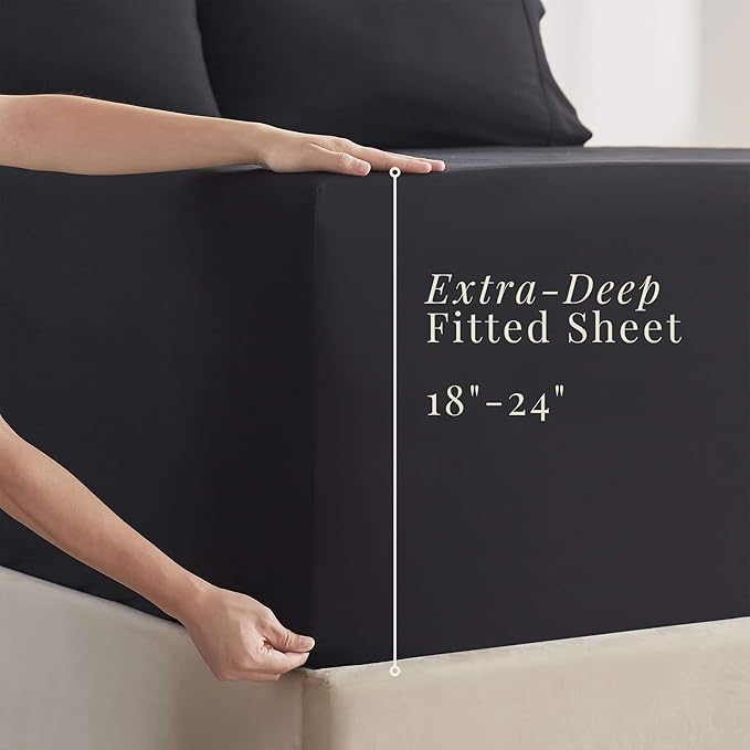 Hearth & Harbor Extra Deep Pocket Sheets - Fits Mattress 18-24 Inches Deep - Extra Deep Pocket California King Size - 6 Piece Cal King Sheets - Cal King, Black