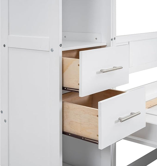 Merax Full Size 99''H Pine Wood Murphy Bed Cabinet with Lockers and Storage Wardrobes Shelves, Foldable Platform Bedframe for Home, Bedroom, Small Room, Apartment, Includes Installation Video, White