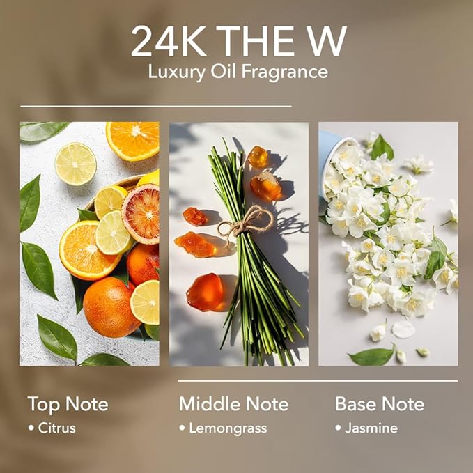 24K The W Diffuser Oil, 16.9 FL Oz 500 mL, Luxury Hotel Scent for Home, Bathroom, Spa & Office, Natural Essential Oil, Citrus, Lemongrass & Jasmine Scents