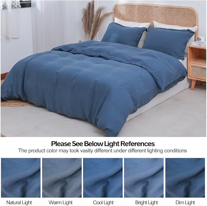 Simple&Opulence 100% Linen Duvet Cover Set 3pcs Basic Style Natural French Washed Flax Solid Color Soft Breathable Farmhouse Bedding with Button Closure - Classic Blue, Queen