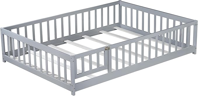Bellemave Full Size Montessori Floor Bed Frame with Rails & Door, Solid Wood Kids Floor Bed Full with Removable Slats, Low Profile Montessori Bed for Children’s Sleep & Play, Grey
