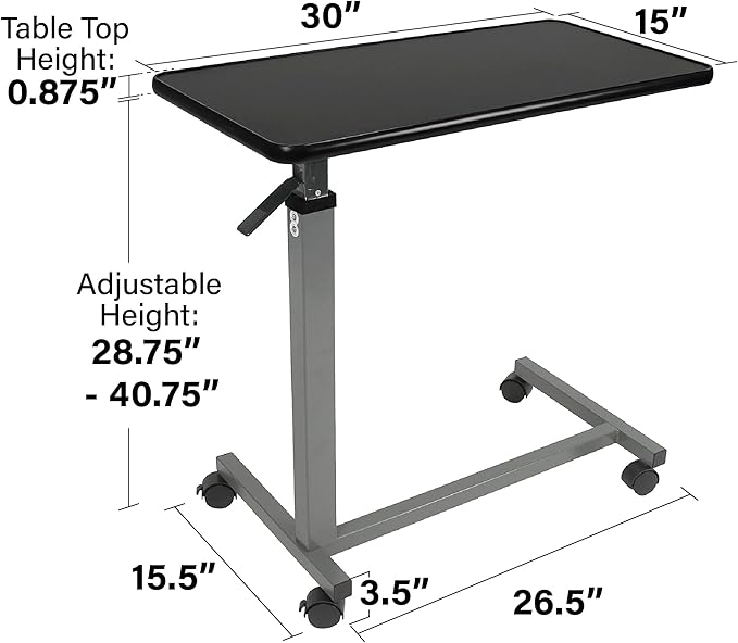Vaunn Medical Pneumatic Adjustable Overbed Bedside Table with Wheels (Hospital and Home Use)