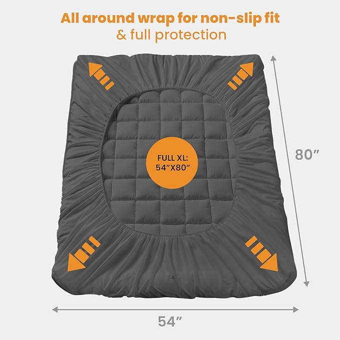 MATBEBY Full XL Mattress Pad - Cooling Breathable Mattress Topper, Quilted Fitted Mattress Protector, Pillow Top Mattress Cover with 8-21" Deep Pocket, Machine Washable, Dark Grey, Full Extra Long