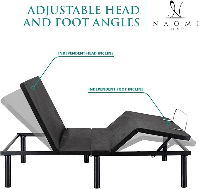 Naomi Home Serenity Split King Adjustable Bed Base, Zero Gravity, Wireless Remote, USB Ports, 800 Lb Capacity, Black Metal Frame, Easy Setup for Couples’ Comfort and Relaxation