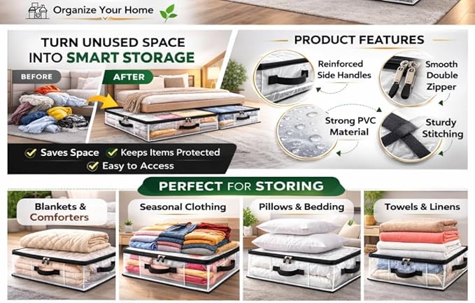Clear PVC Under Bed Storage Bags for Clothes – Waterproof Zippered Blanket & Comforter Organizer, Foldable Space-Saving Storage (3 Pack, 49L)