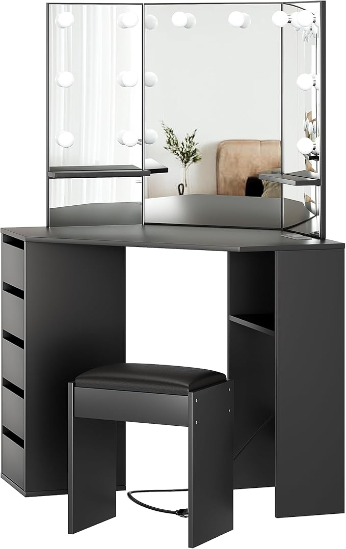 Garvee Corner Vanity Desk and Bench, Makeup Vanity Table with 3-Folding Lighted Mirrors, Charging Station, 5 Drawers for Bedroom
