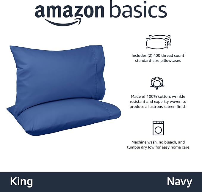 Amazon Basics 400 Thread Count 100% Cotton Pillow Cases, Sateen Weave, King Size, 40" x 20", Navy, Set of 2, Pillows Not Included